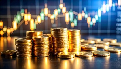 Stacks of gold crypto coins with a financial market chart in the background, useful for content about fintech, stock market and financial growth