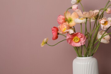Beautiful poppy flowers in vase on pink background, closeup. Space for text