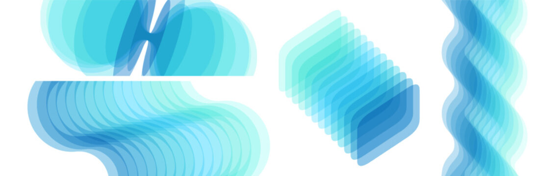 A wavy signal waveform. Set of various overlapping elements. Abstract geometric design. Torus. Parallelepiped. Vector illustration for banners, placards, posters or flyers.