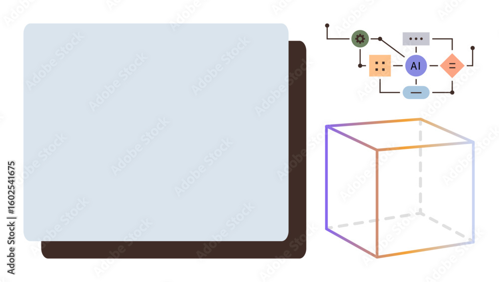Poster simplified ai workflow with process maps, nodes, and flow lines paired with a gradient-outlined 3d c