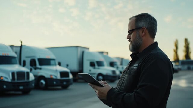 A logistics manager uses a tablet for real-time GPS tracking of a fleet on a busy warehouse lot with trucks lined up.