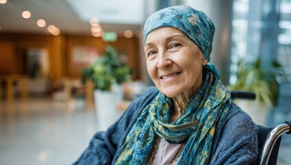 Smiling senior woman with a headscarf radiating warmth and resilience while sitting in a wheelchair in a bright, airy environment.