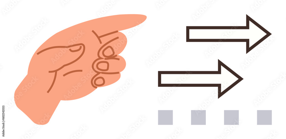 Poster hand gesture pointing right with two bold arrows and squares below symbolizing direction, decision-m
