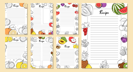 Hand-Drawn Recipe Cards with Fruit Borders and Line Templates in Colorful Sketch Style