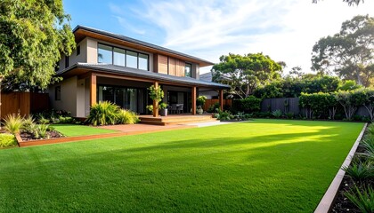 The front yard of a contemporary australian home or residential building showcases artificial grass lawn turf with timber edging