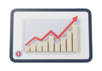 Obraz premium Tablet showing financial growth chart with upward arrow isolated on transparent background