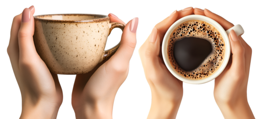 Collection of hands holding ceramic coffee mugs filled with black coffee and cappuccino isolated on white background
