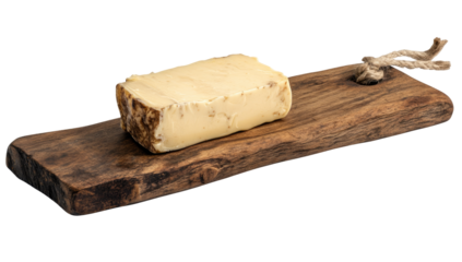 A rectangular wedge of pale yellow cheese rests on a rustic wooden cutting board