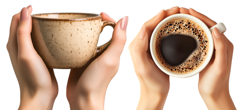 Collection of hands holding ceramic coffee mugs filled with black coffee and cappuccino isolated on white background










