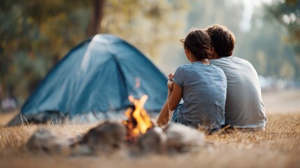 Young couple sitting together in front of a campfire, enjoying the warmth and ambiance of their camping trip, with their tent pitched nearby in a peaceful natural setting