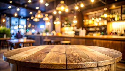 Wooden round table and pub or bar blur background