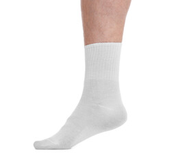 Man wearing clean socks on white background, closeup