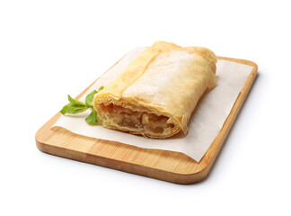 Tasty apple strudel with powdered sugar and mint isolated on white