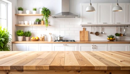 Wooden table on blurred kitchen bench background, empty wooden table and blurred kitchen background