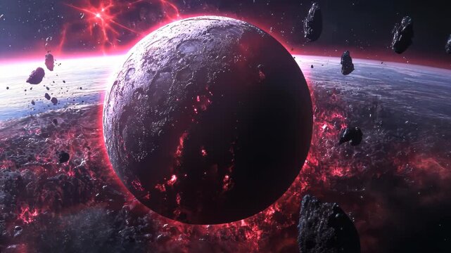 Planet destruction in space, cosmic collision, fiery explosion