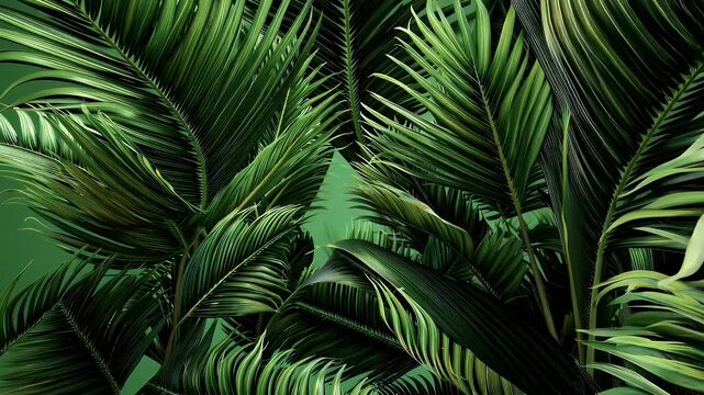 realistic 3D animation tropical paper palm leaves appearing against soft green background creating botanical frame that&rsquo;s ideal jungle es wellness content nature design video