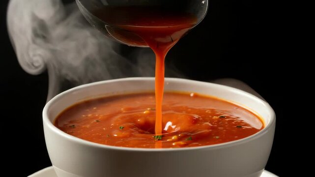 Bowl of tomato soup pouring
