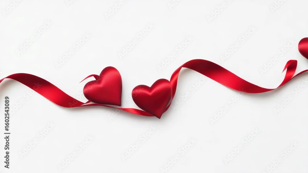 Poster a long red ribbon with multiple hearts on it, wrapped around a white object and tied into a bow.