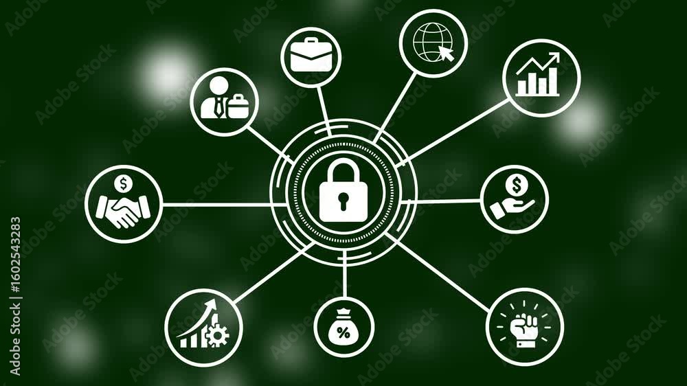 Poster digital security concept with padlock and connected icons on green background