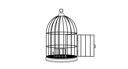 Stylized monochrome illustration featuring an open birdcage with minimalist design, evoking concepts of freedom and confinement