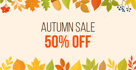 Autumn Sale Banner with hand drawn autumn elements, leaves, maple, acorn, berries. Up to 50% off. Vector background.