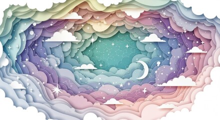 Dreamy Pastel Sky: Layered Papercut Clouds, Stars, and Moon Illustration