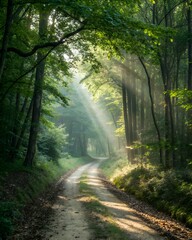 Fototapeta premium A serene forest path surrounded by tall trees. Sunlight filters through the leaves, creating a peaceful atmosphere. The ground is covered with fallen leaves.