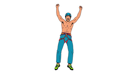 Cartoon illustration of a victorious male rock climber celebrating with arms raised, wearing a helmet and climbing gear with a feeling of