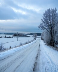 A snowy road winds through a winter landscape. Frost-covered trees line the sides, and a cloudy sky looms overhead. The scene is tranquil and serene.