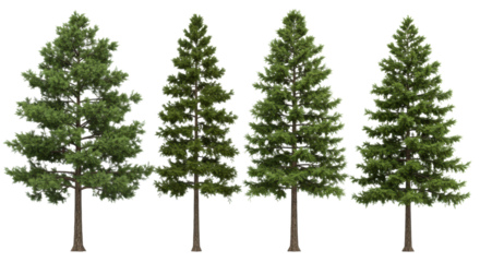 Four mature pine trees, tall with vibrant green needles and rough brown bark, stand on a flat white plain against a pure studio background, isolated by bright, even light, concept of natural beauty