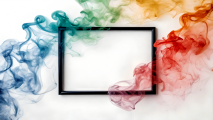 Colorful smoke swirls around a black rectangular frame on a transparent background. The smoke features shades of blue, green, red, and orange, creating a vibrant effect.