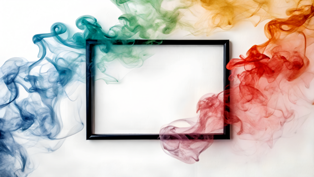 Colorful smoke swirls around a black rectangular frame on a transparent background. The smoke features shades of blue, green, red, and orange, creating a vibrant effect.