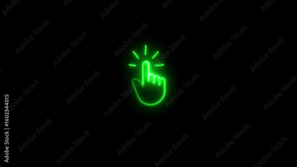 Poster animated glowing neon click hand gesture on black background for digital concepts