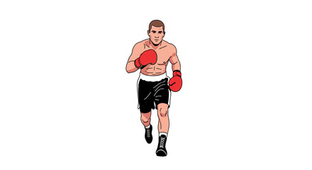 Dynamic cartoon depiction of determined male boxer training in ring with focused gaze and powerful gloves striking an advancing pose