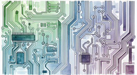 Abstract Watercolor Circuit Board Design: Technology Background Illustration