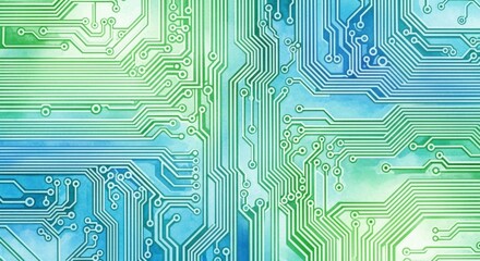Abstract Watercolor Circuit Board Background: Green and Blue Technology Pattern