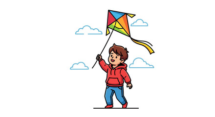 Cartoon illustration of a joyful boy in a red hoodie flying a vibrant kite with streamers amidst fluffy clouds against a bright white backdrop