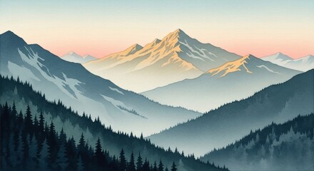 Serene Sunset Over Majestic Mountain Range, Watercolor Landscape Painting