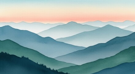 Serene Watercolor Mountain Range at Sunset: Pastel Hues and Tranquil Landscape Painting