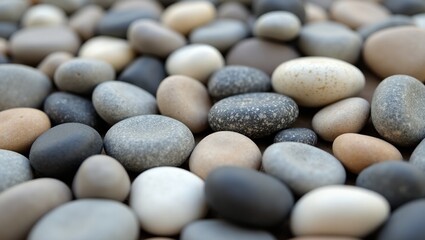 Rocks on the coast at Hellnar. Iceland. Close-up of stones on beach. Small sea stones, gravel. Background. Textures. Grey and brown coloured pebbles