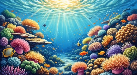 Vibrant Underwater Coral Reef Scene with Colorful Fish and Anemones
