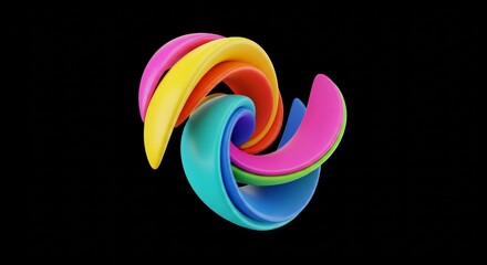 Abstract Colorful Swirling 3D Shapes on Black Background: Vibrant Rainbow Design Element