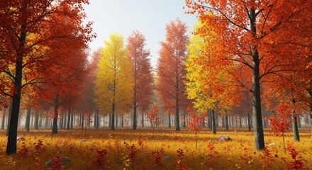 Autumnal Forest Scene: Vibrant Red and Golden Leaves in a Misty Woodland