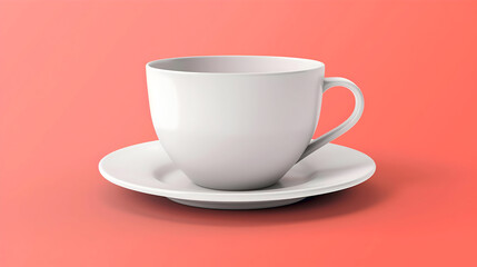 A blank white coffee cup with a matching saucer on a gradient coral background with soft highlights leaving the upper-right blank for text overlay elegant branding style 