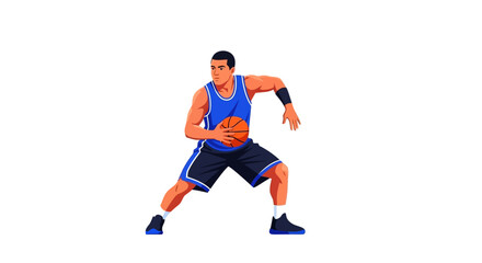 Obraz premium Focused Basketball Player in Action Dribbling the Ball During a Dynamic Game on a White Backdrop