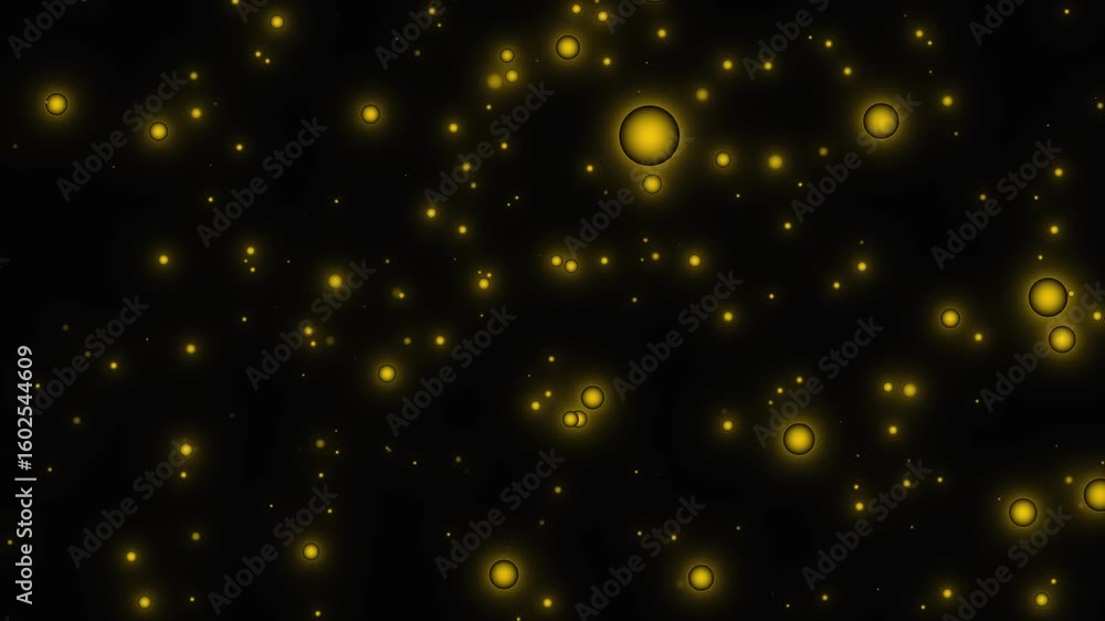 Poster glowing yellow orbs floating and moving on black background abstract motion graphics