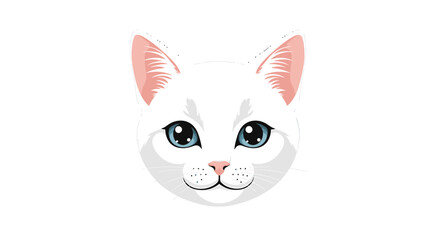 Digital depiction of an adorable white cat face with pink ears on clean white background ready for graphic design use, easily incorporating into