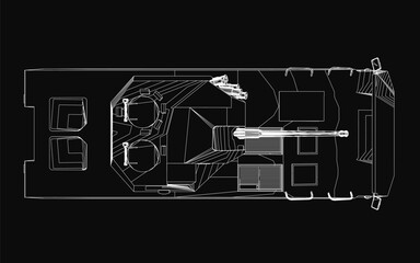 Armored troop carrier blueprint in black and white on a dark background, featuring a detailed interior layout with structural contours, compartment design, and technical specifications.