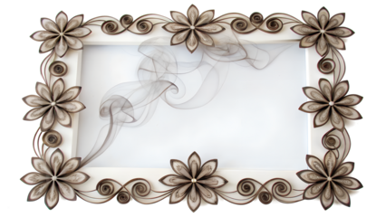 A decorative frame with intricate floral designs surrounds a blank space. The frame features swirling smoke patterns, creating an elegant and artistic look.