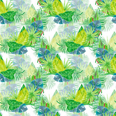Fototapeta premium Tropical leaves seamless pattern, hand drawn watercolor rainforest bushes illustration isolated on white background. Can be used for textile, fabric and other printed products.